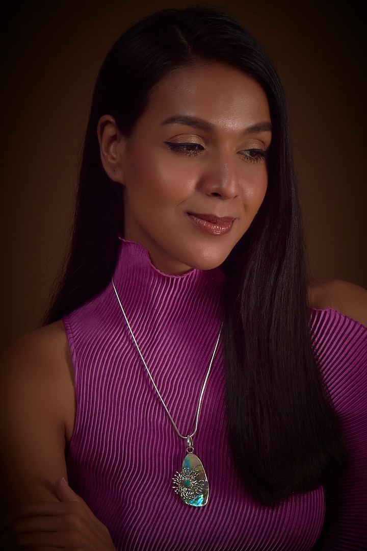 White Finish Mother Of Pearl Pendant Chain Necklace In Sterling Silver by V&A Jewellers at Pernia's Pop Up Shop