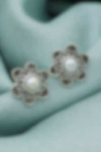 Oxidised Finish Pearl Stud Earrings In Sterling Silver by V&A Jewellers at Pernia's Pop Up Shop