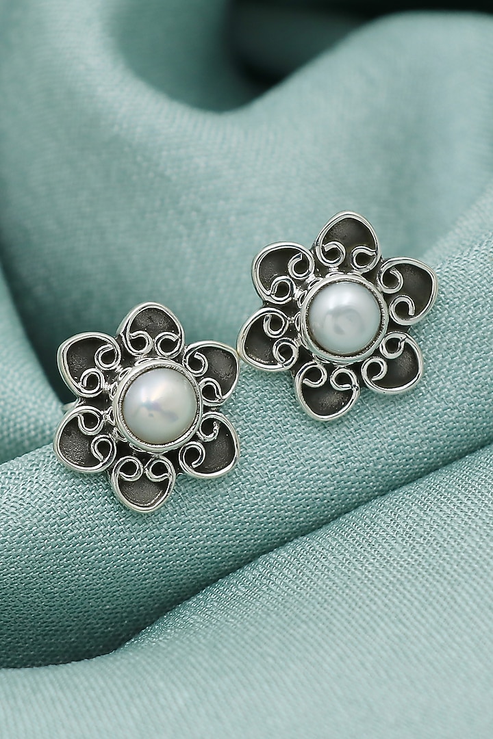 Oxidised Finish Pearl Stud Earrings In Sterling Silver by V&A Jewellers at Pernia's Pop Up Shop