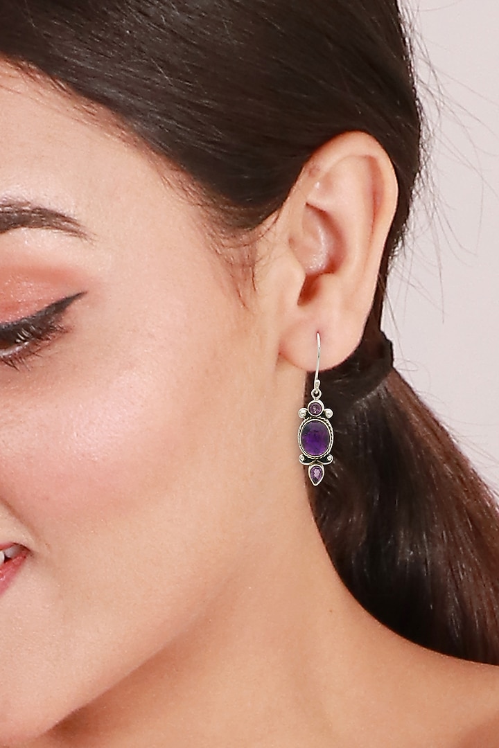 Oxidised Finish Purple Amethyst Stone Dangler Earrings In Sterling
