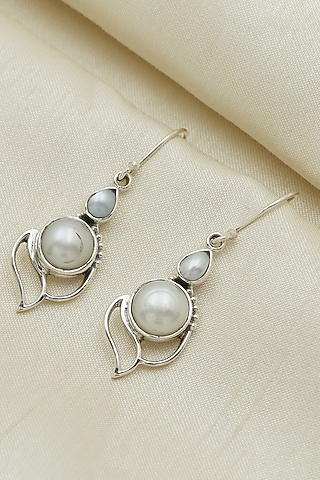 Oxidised Finish Pearl Dangler Earrings In Sterling Silver by V&A Jewellers