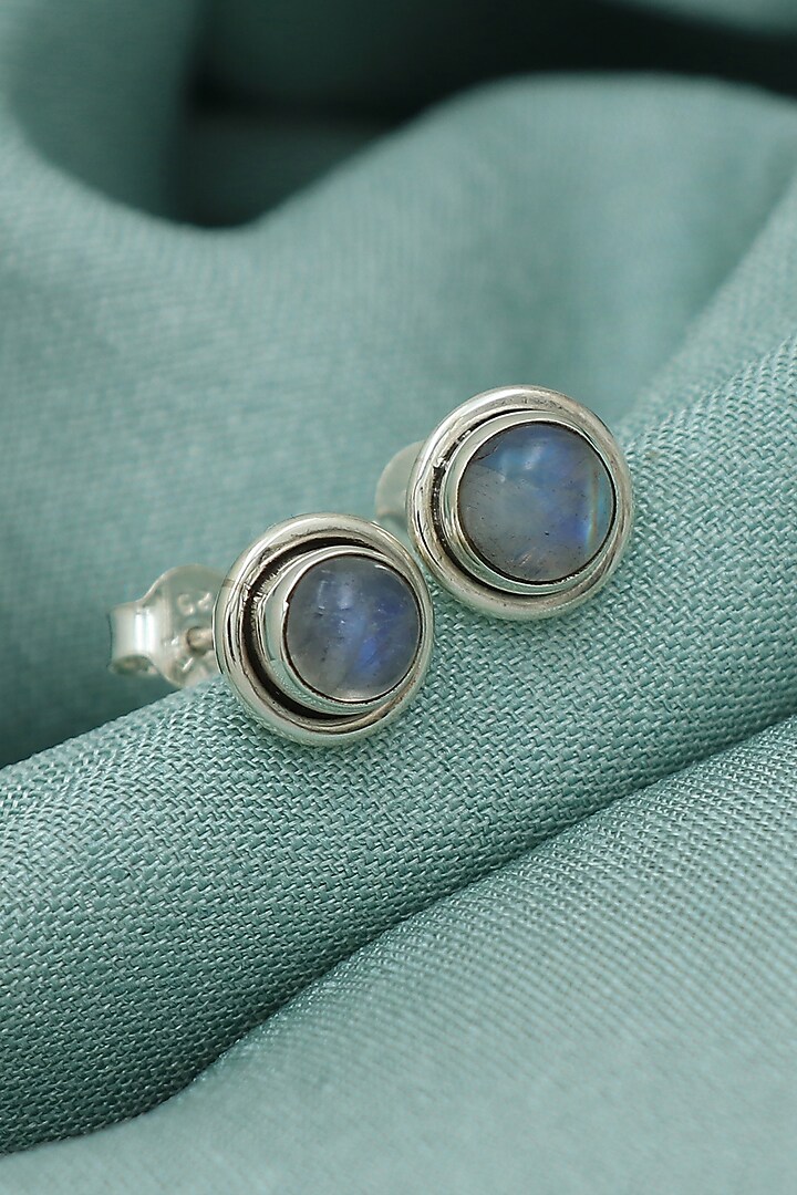 White Finish Blue Moonstone Stud Earrings In Sterling Silver by V&A Jewellers at Pernia's Pop Up Shop