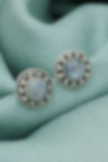 White Finish Blue Moonstone Dotted Stud Earrings In Sterling Silver by V&A Jewellers at Pernia's Pop Up Shop