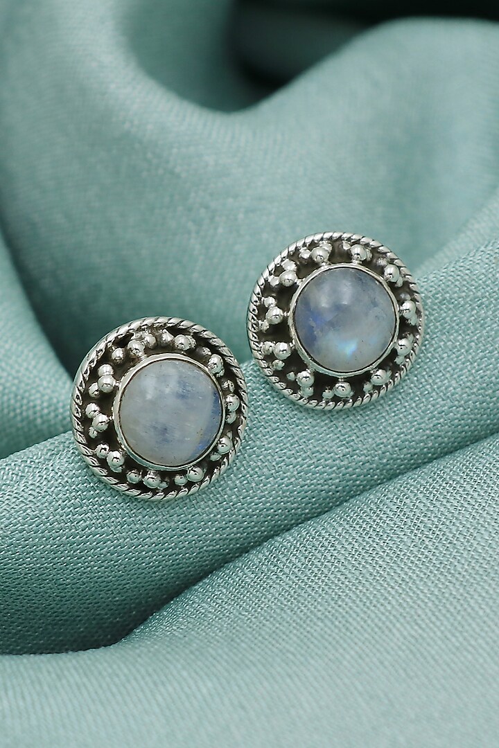 White Finish Blue Moonstone Dotted Stud Earrings In Sterling Silver by V&A Jewellers at Pernia's Pop Up Shop