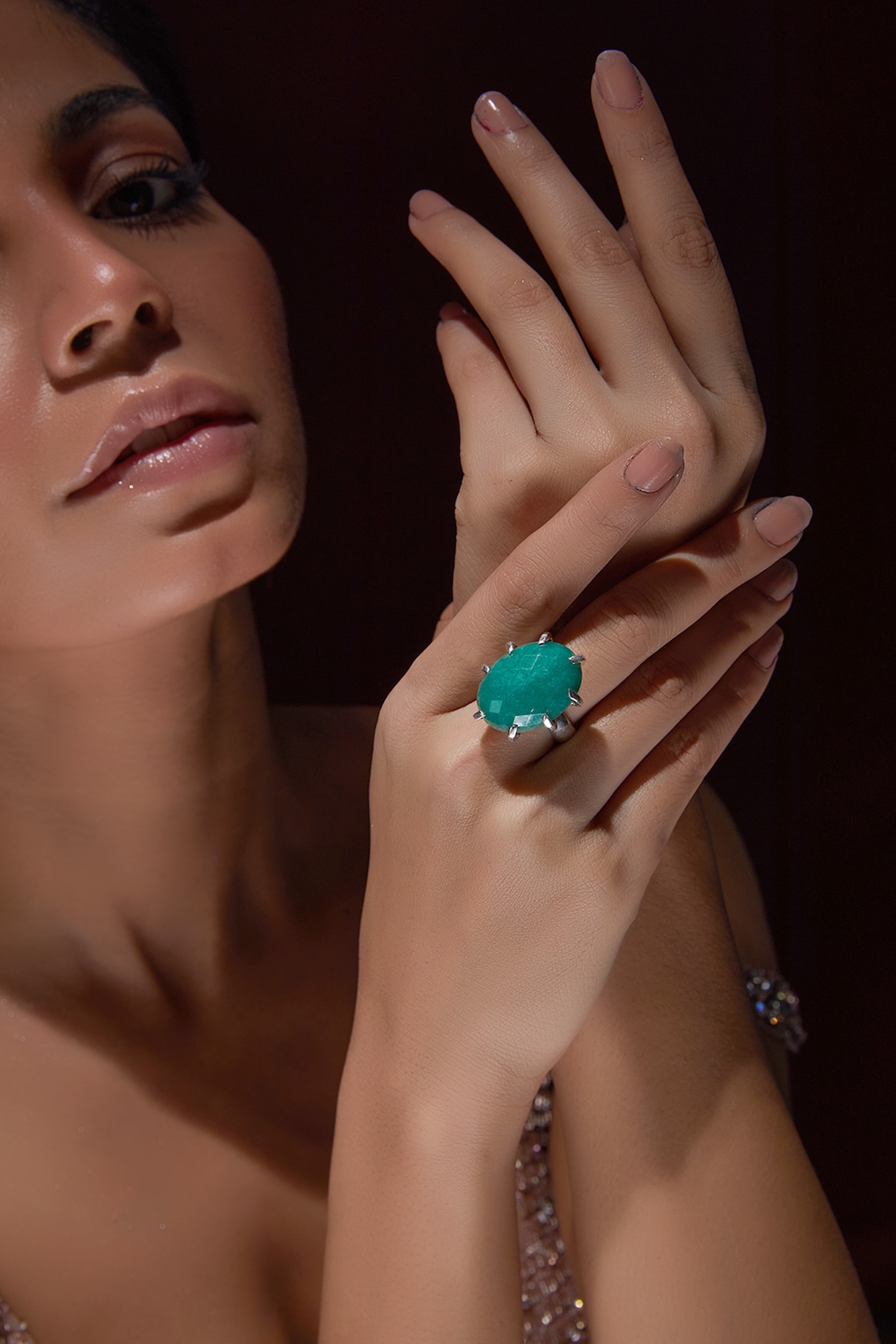 White Finish Emerald Agate Ring In Sterling Silver by V&A