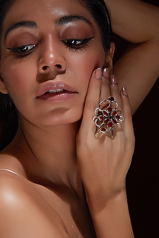 White Finish Red Onyx Gemstone Ring In Sterling Silver by V&A Jewellers