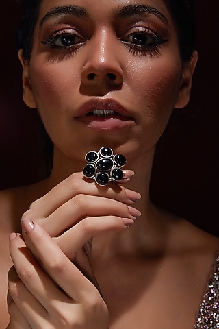 White Finish Black Onyx Gemstone Ring In Sterling Silver by V&A Jewellers
