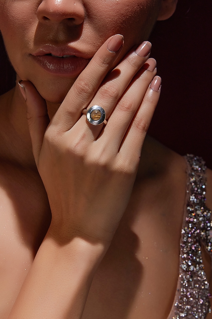 White Finish Gold Rutilated Quartz Gemstone Ring In Sterling Silver by V&A Jewellers at Pernia's Pop Up Shop