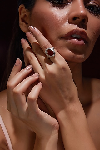 White Finish Red Onyx Gemstone Ring In Sterling Silver by V&A Jewellers