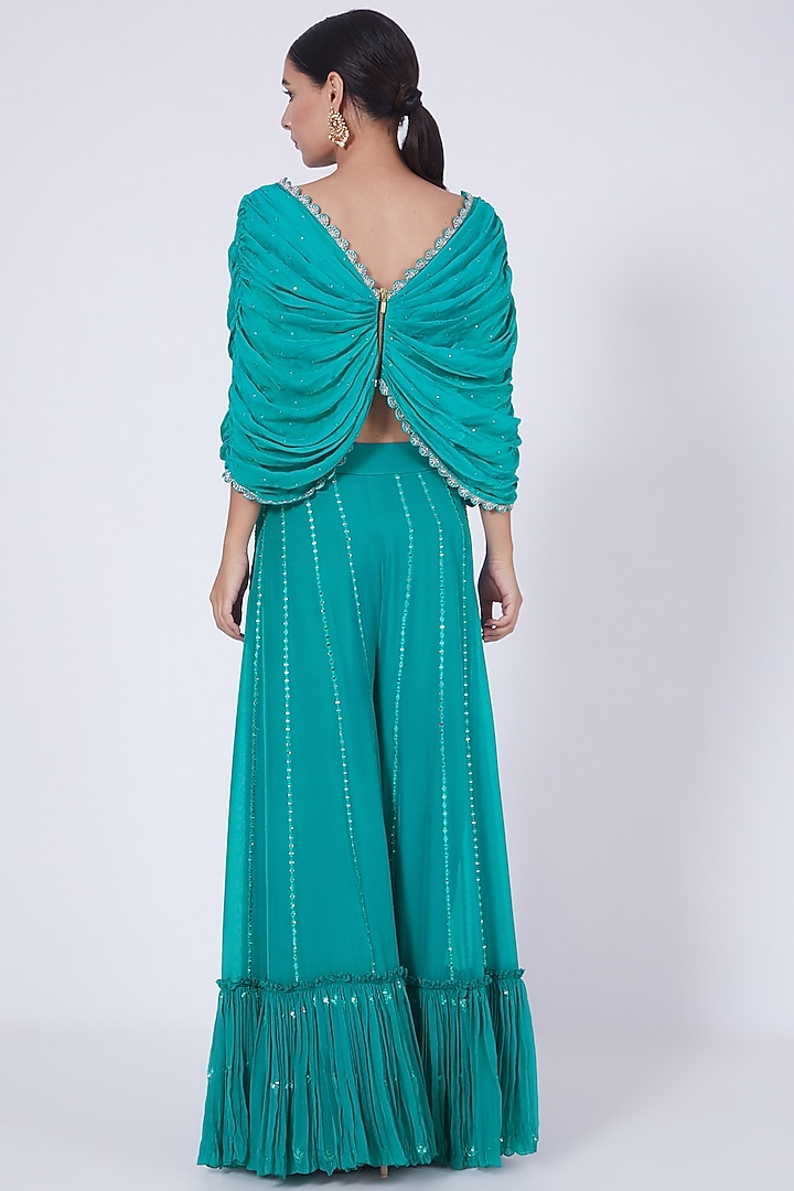Teal Blue Mirror Embroidered Scalloped Palazzo Pant Set by VAISHALI AGARWAL at Pernia's Pop Up Shop