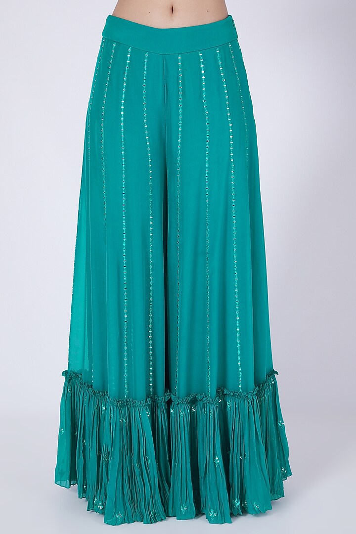 Teal Blue Mirror Embroidered Scalloped Palazzo Pant Set by VAISHALI AGARWAL at Pernia's Pop Up Shop