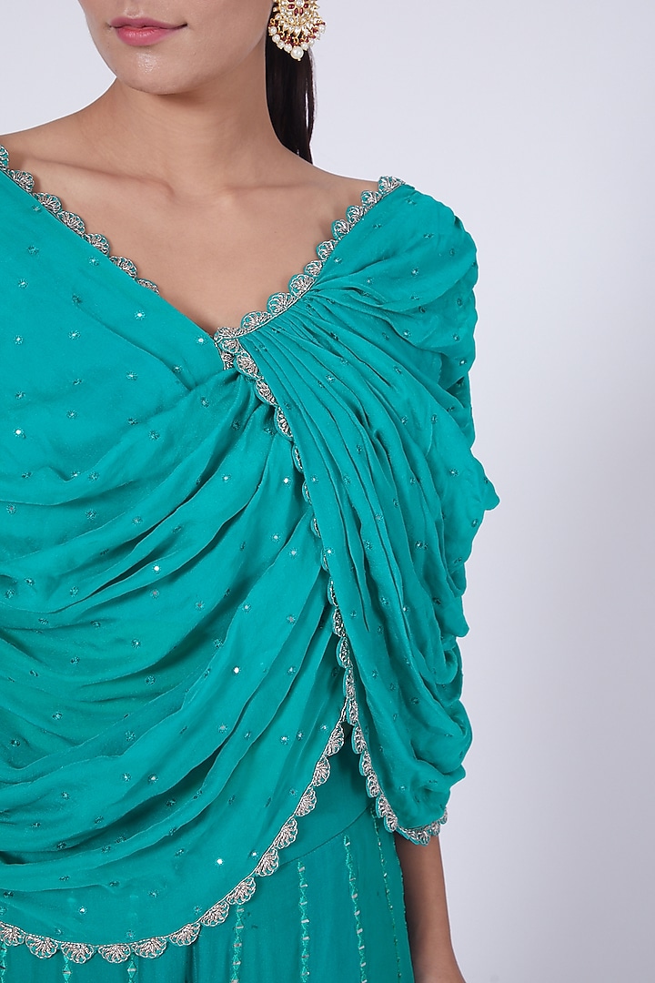 Teal Blue Mirror Embroidered Scalloped Palazzo Pant Set by VAISHALI AGARWAL at Pernia's Pop Up Shop
