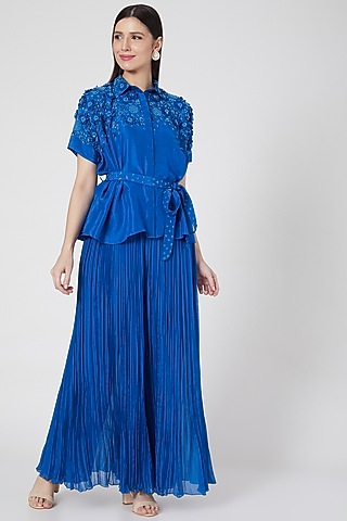 Bright Blue Georgette Flared Pant Set by VAISHALI AGARWAL