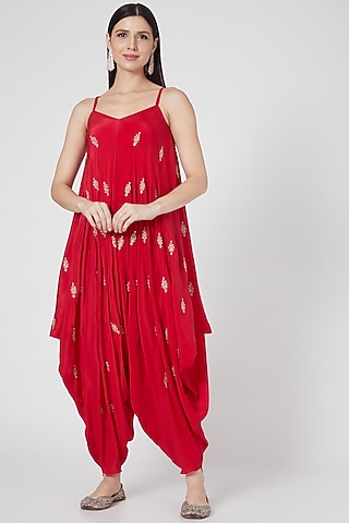 Red Zardosi Embroidered Jumpsuit by VAISHALI AGARWAL