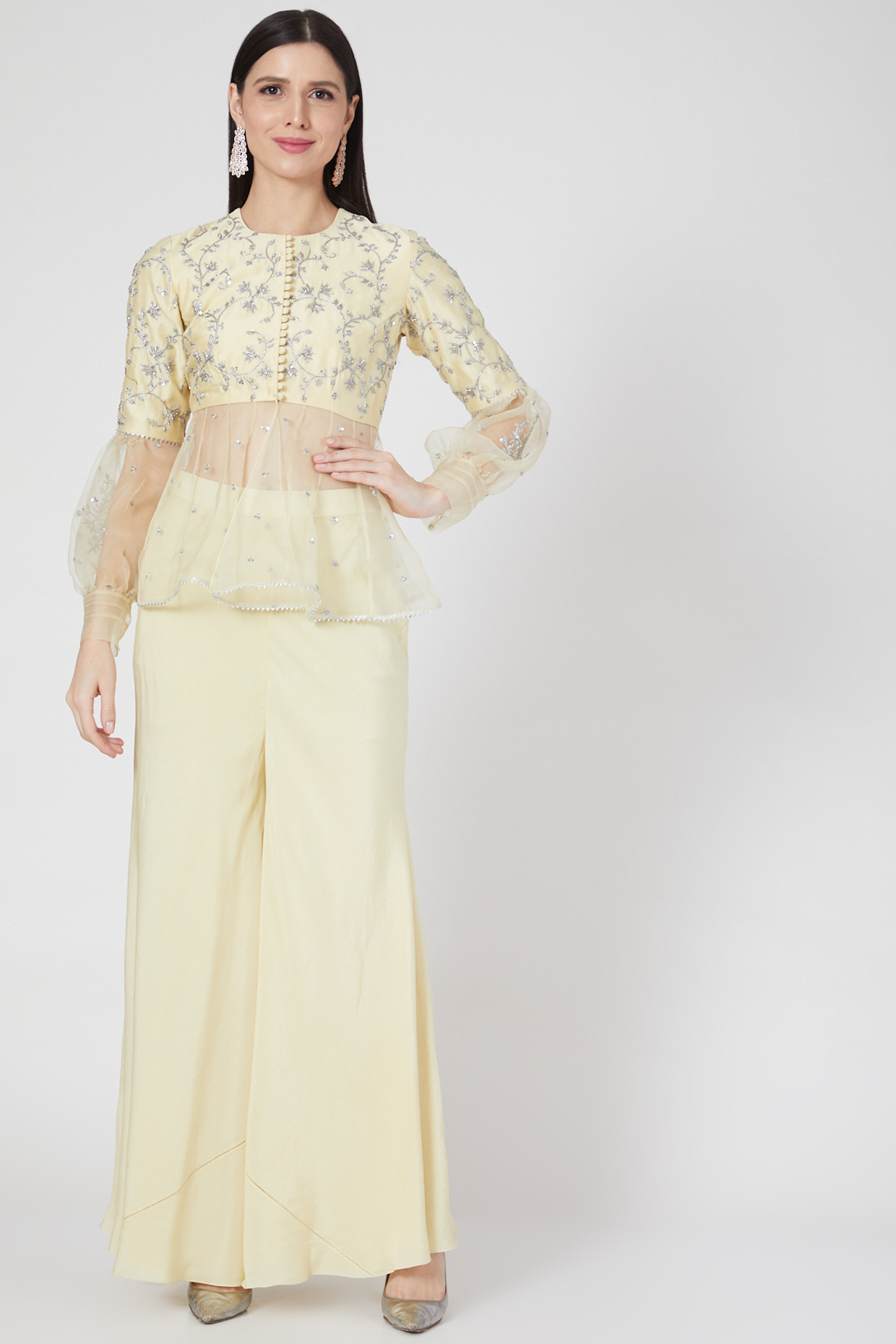 Light Yellow Georgette Flared Pant Set by VAISHALI AGARWAL