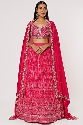 Magenta Pink Silk Embroidered Lehenga Set by VAISHALI AGARWAL