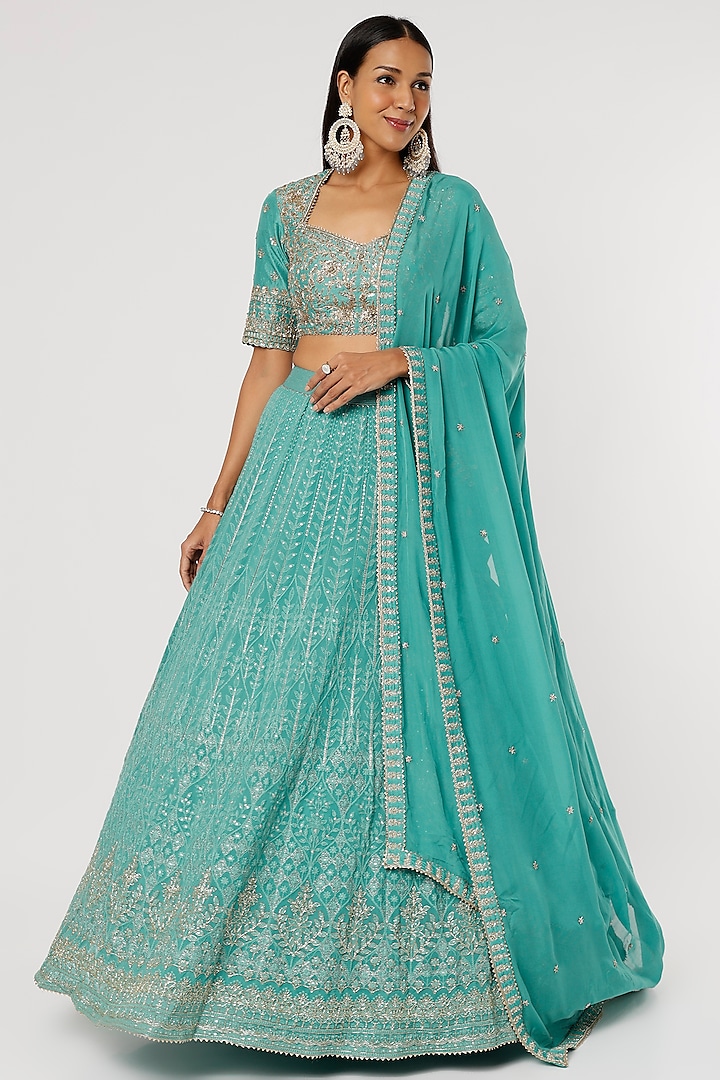 Blue Silk Embroidered Wedding Lehenga Set by VAISHALI AGARWAL at Pernia's Pop Up Shop