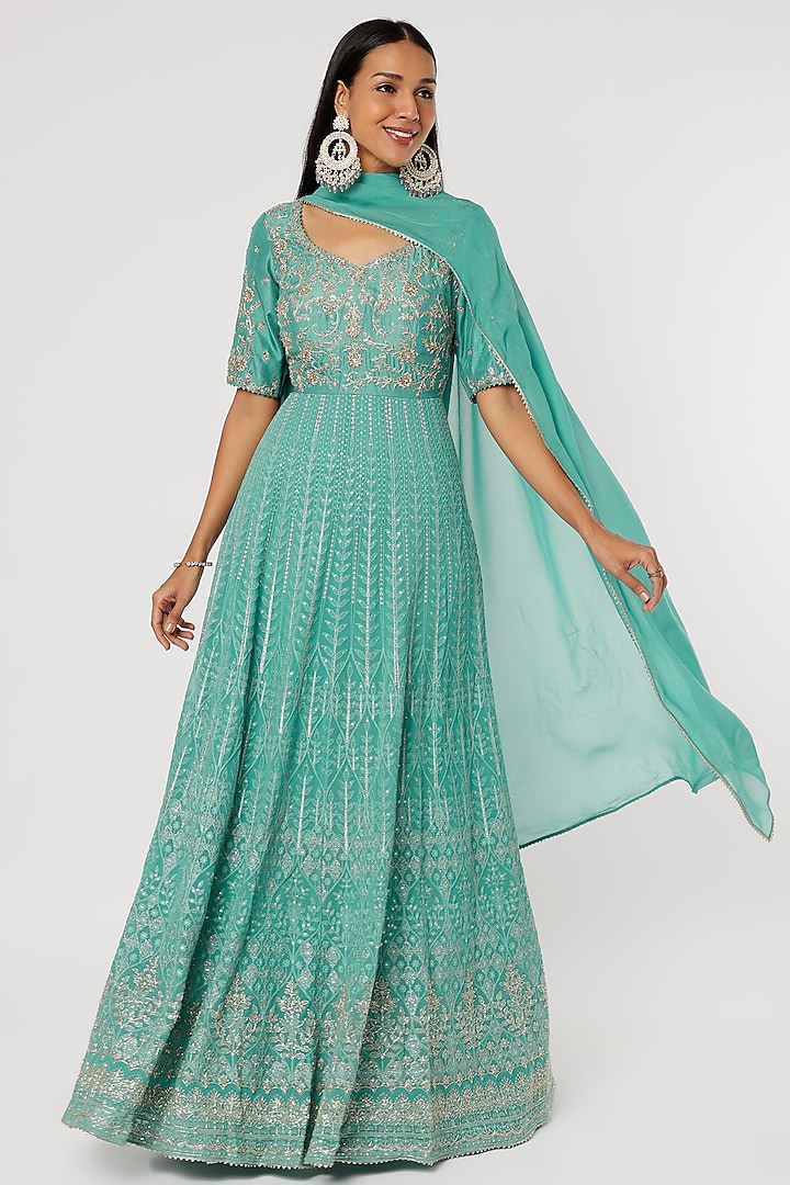 Blue Embroidered Anarkali Set by VAISHALI AGARWAL at Pernia's Pop Up Shop