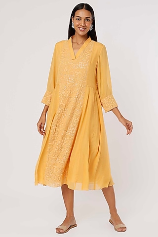 Mustard Yellow Embroidered Tunic by VAISHALI AGARWAL