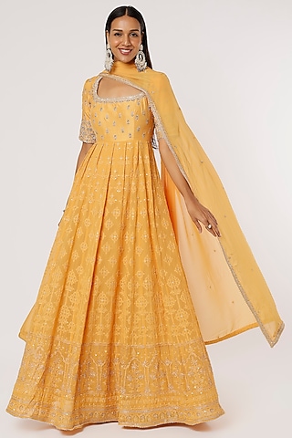 Mustard Yellow Embroidered Anarkali Set by VAISHALI AGARWAL