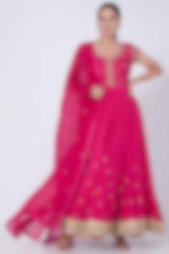 Hot Pink Twill Silk Wedding Anarkali Set by VAISHALI AGARWAL at Pernia's Pop Up Shop