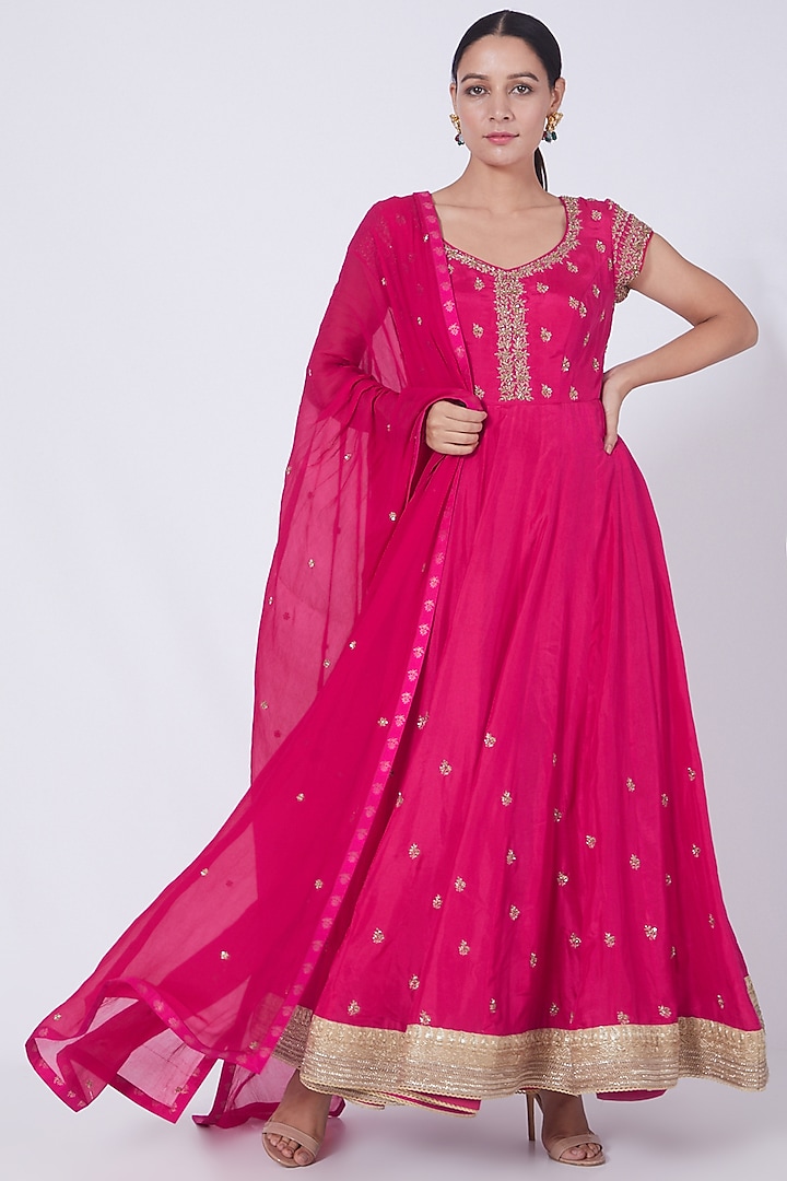 Hot Pink Twill Silk Wedding Anarkali Set by VAISHALI AGARWAL at Pernia's Pop Up Shop