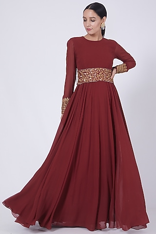 Maroon Zardosi Embroidered Gown by VAISHALI AGARWAL