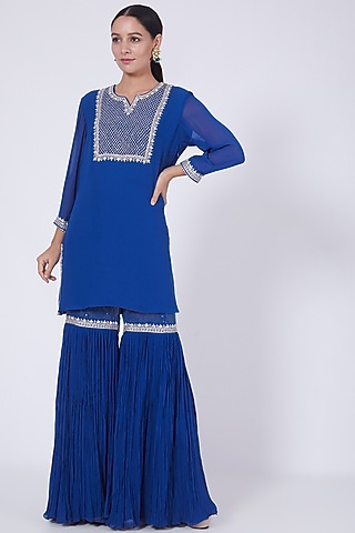Blue Sequins Embroidered Sharara Set by VAISHALI AGARWAL