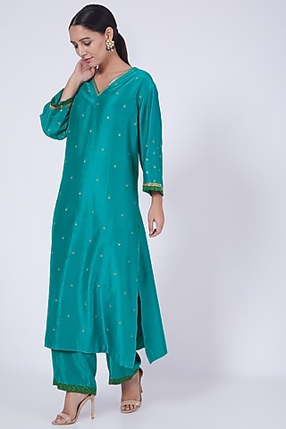 Teal Blue Thread Embroidered A-Line Kurta Set by VAISHALI AGARWAL