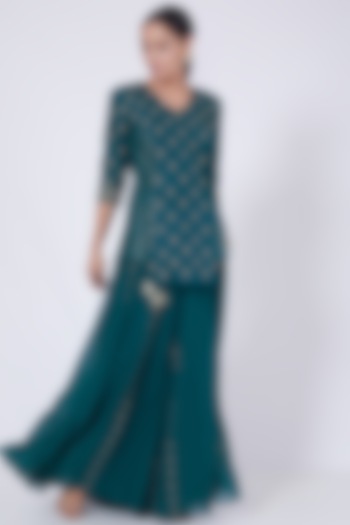 Deep Teal Zardosi Embroidered Frilled Palazzo Pant Set by VAISHALI AGARWAL at Pernia's Pop Up Shop