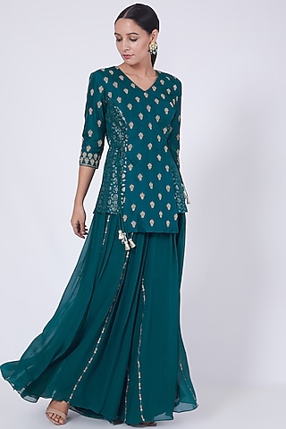 Deep Teal Zardosi Embroidered Frilled Palazzo Pant Set by VAISHALI AGARWAL
