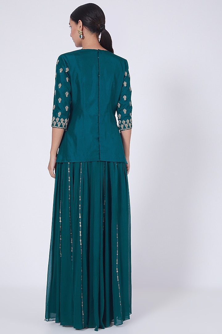 Deep Teal Zardosi Embroidered Frilled Palazzo Pant Set by VAISHALI AGARWAL at Pernia's Pop Up Shop