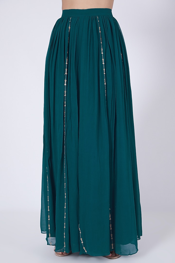 Deep Teal Zardosi Embroidered Frilled Palazzo Pant Set by VAISHALI AGARWAL at Pernia's Pop Up Shop