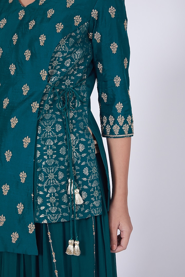 Deep Teal Zardosi Embroidered Frilled Palazzo Pant Set by VAISHALI AGARWAL at Pernia's Pop Up Shop