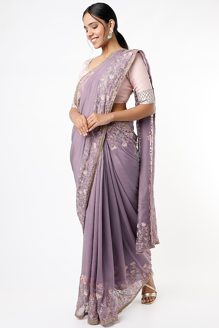 Mauve Thread Embroidered Saree Set by VAISHALI AGARWAL