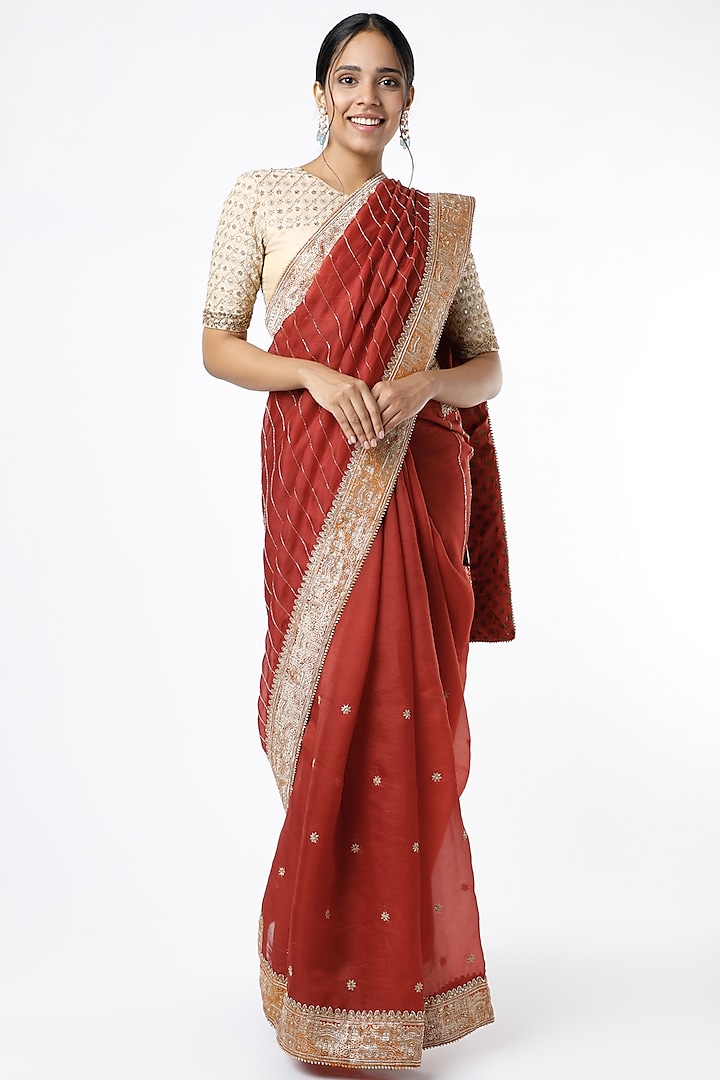 Brick Red Embroidered Saree Set by VAISHALI AGARWAL