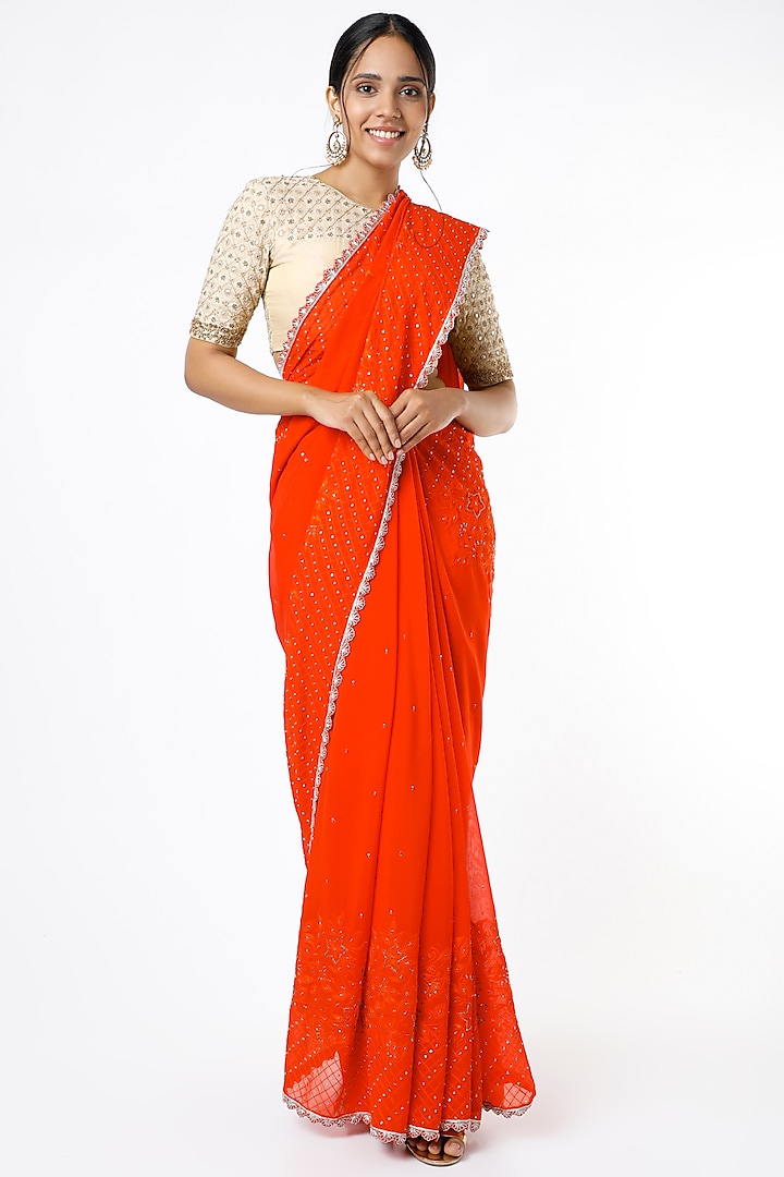 Orange Aari Embroidered Saree Set by VAISHALI AGARWAL