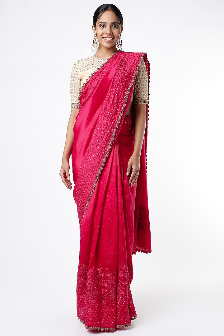 Magenta Pink Aari Embroidered Saree Set by VAISHALI AGARWAL
