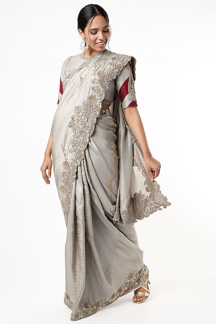 Grey Zardosi Embroidered Saree Set by VAISHALI AGARWAL
