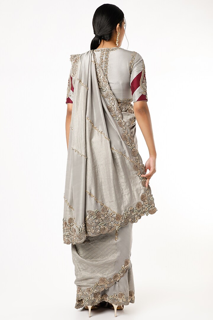 Grey Zardosi Embroidered Wedding Saree Set by VAISHALI AGARWAL at Pernia's Pop Up Shop