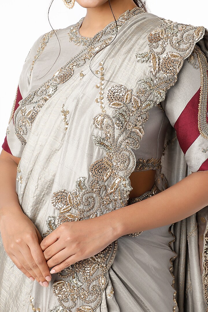 Grey Zardosi Embroidered Wedding Saree Set by VAISHALI AGARWAL at Pernia's Pop Up Shop