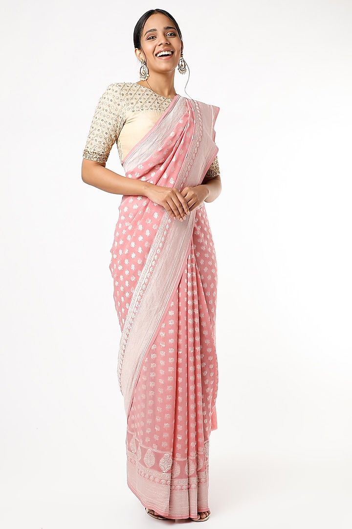 Pink Banarasi Georgette Saree Set by VAISHALI AGARWAL