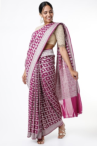 Purple Banarasi Georgette Saree Set by VAISHALI AGARWAL