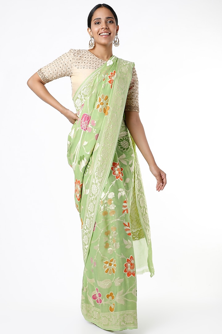 Green Banarasi Georgette Saree Set by VAISHALI AGARWAL
