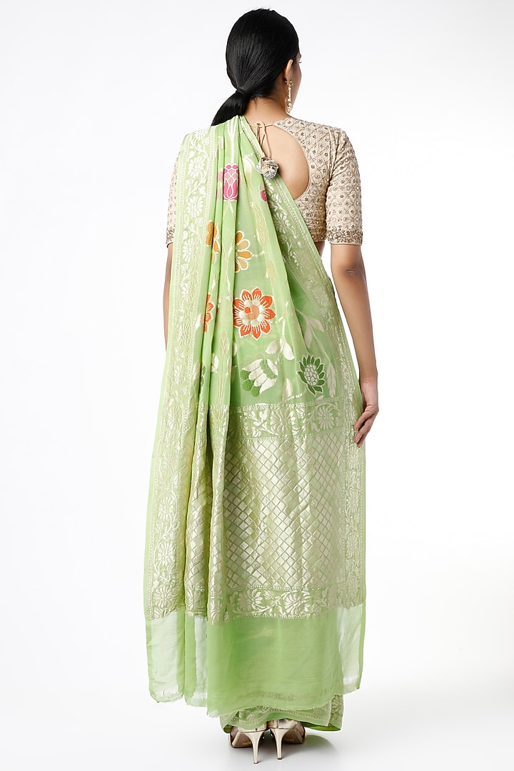 Green Banarasi Georgette Party Wear Saree Set by VAISHALI AGARWAL at Pernia's Pop Up Shop