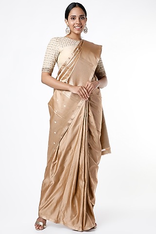 Beige Banarasi Satin Saree Set by VAISHALI AGARWAL