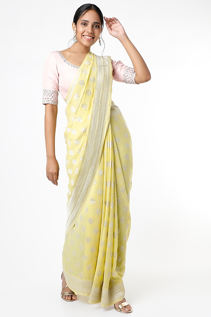 Yellow Banarasi Georgette Saree Set by VAISHALI AGARWAL