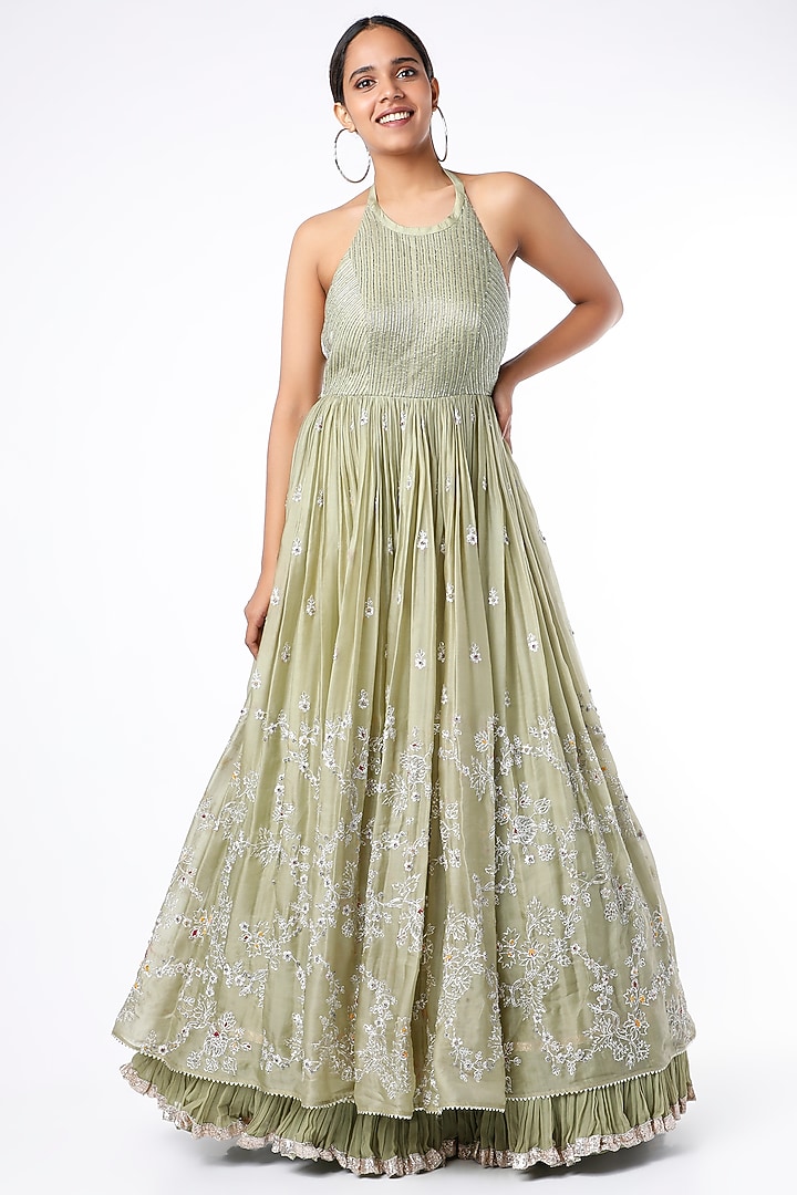 Rosemary Green Pita Embroidered Wedding Gown by VAISHALI AGARWAL at Pernia's Pop Up Shop