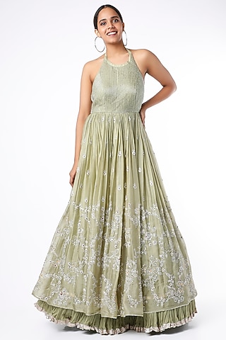 Rosemary Green Pita Embroidered Gown by VAISHALI AGARWAL