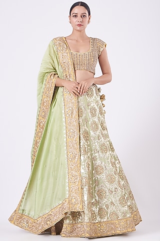 Mint Green Embroidered Lehenga Set by Vandana Malhotra
